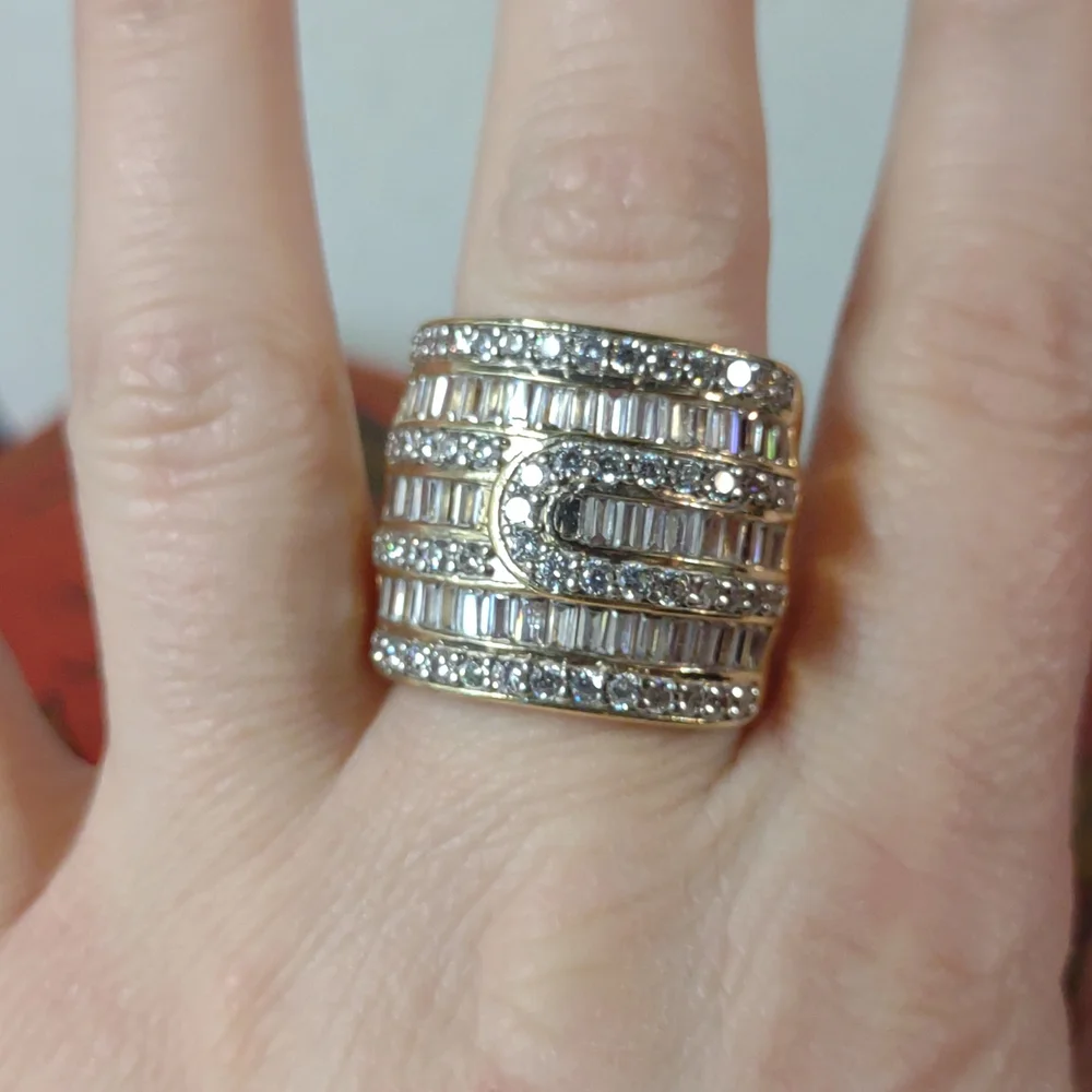 Stunning Multi row thick buckle Wide Silver 925 Band Ring Sparkling Clear Stones